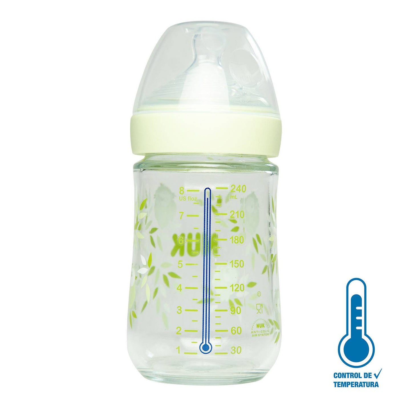 Biberón de vidrio Nuk Nature sense de 0 a 6 meses verde 240ml/ 8 onzas - Tortuguita Baby Store