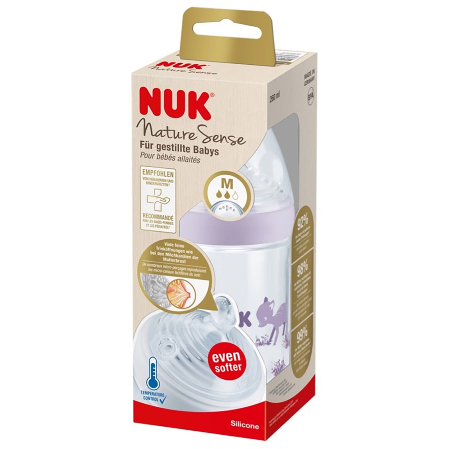 Biberón de vidrio Nuk Nature sense de 0 a 6 meses Lila 240ml/ 8 onzas - Tortuguita Baby Store