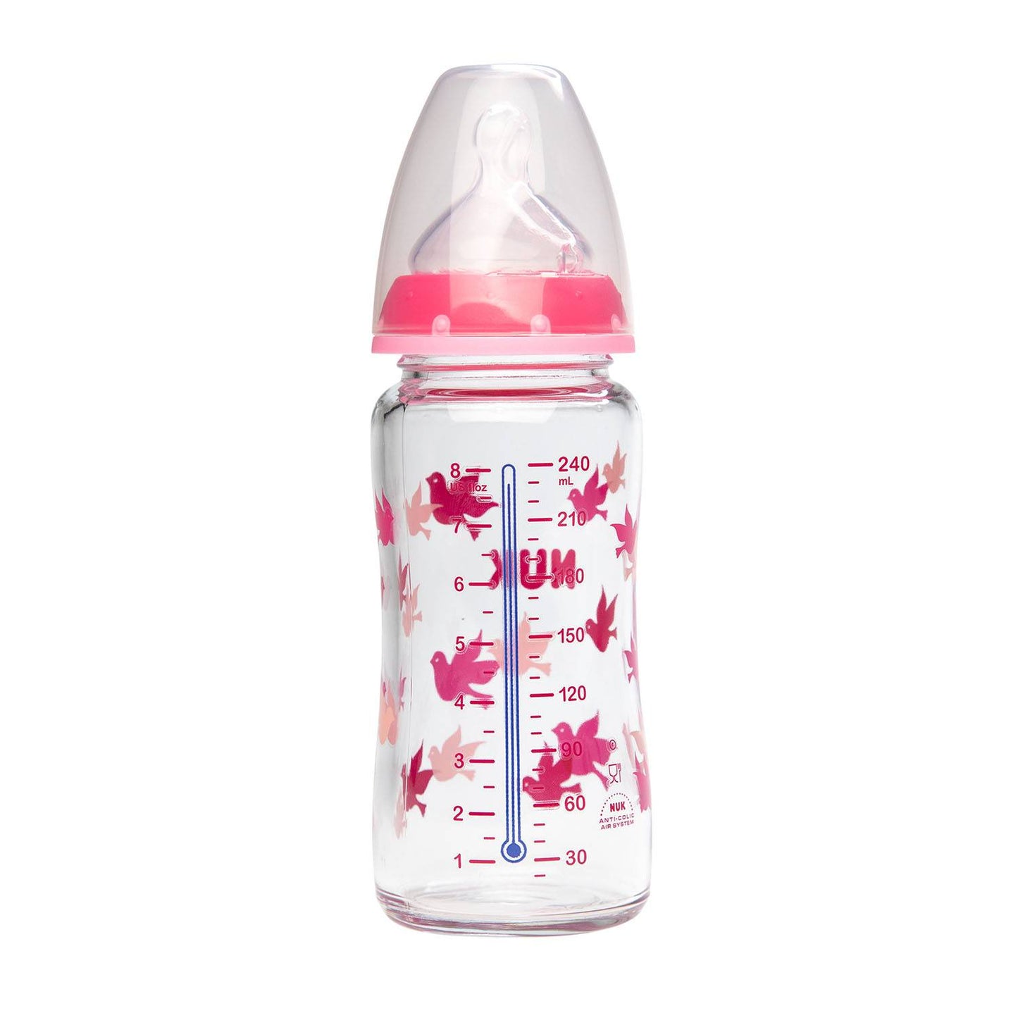 Biberón de vidrio Nuk First choice 0 a 6 meses Rosado 8 onzas/ 240 ml - Tortuguita Baby Store