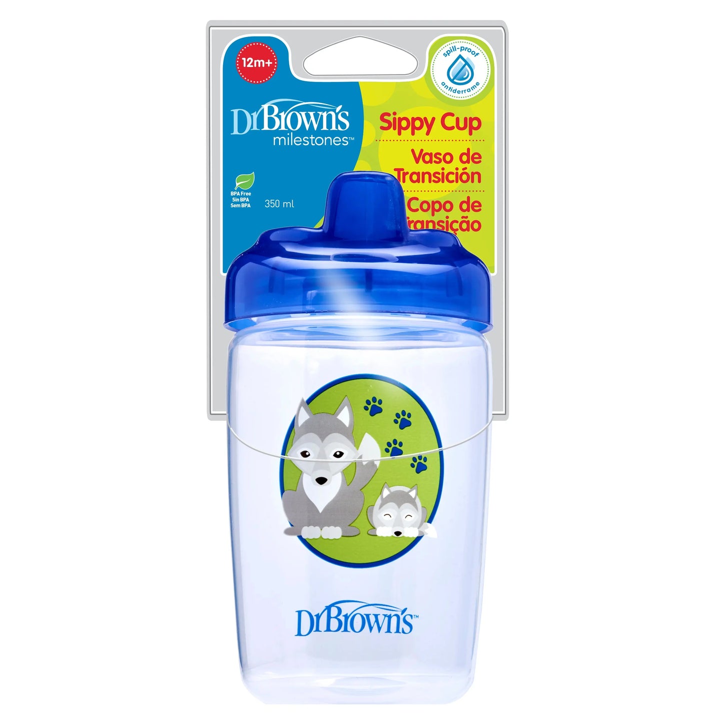 Vaso de transición con boquilla dura de 12 onzas /350ml lobo azul 12m+ Dr. Brown's Dr. Brown's