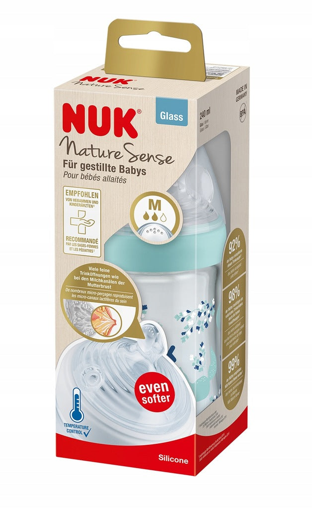 Biberón de vidrio Nuk Nature sense de 0 a 6 meses celeste 240ml/ 8 onzas - Tortuguita Baby Store