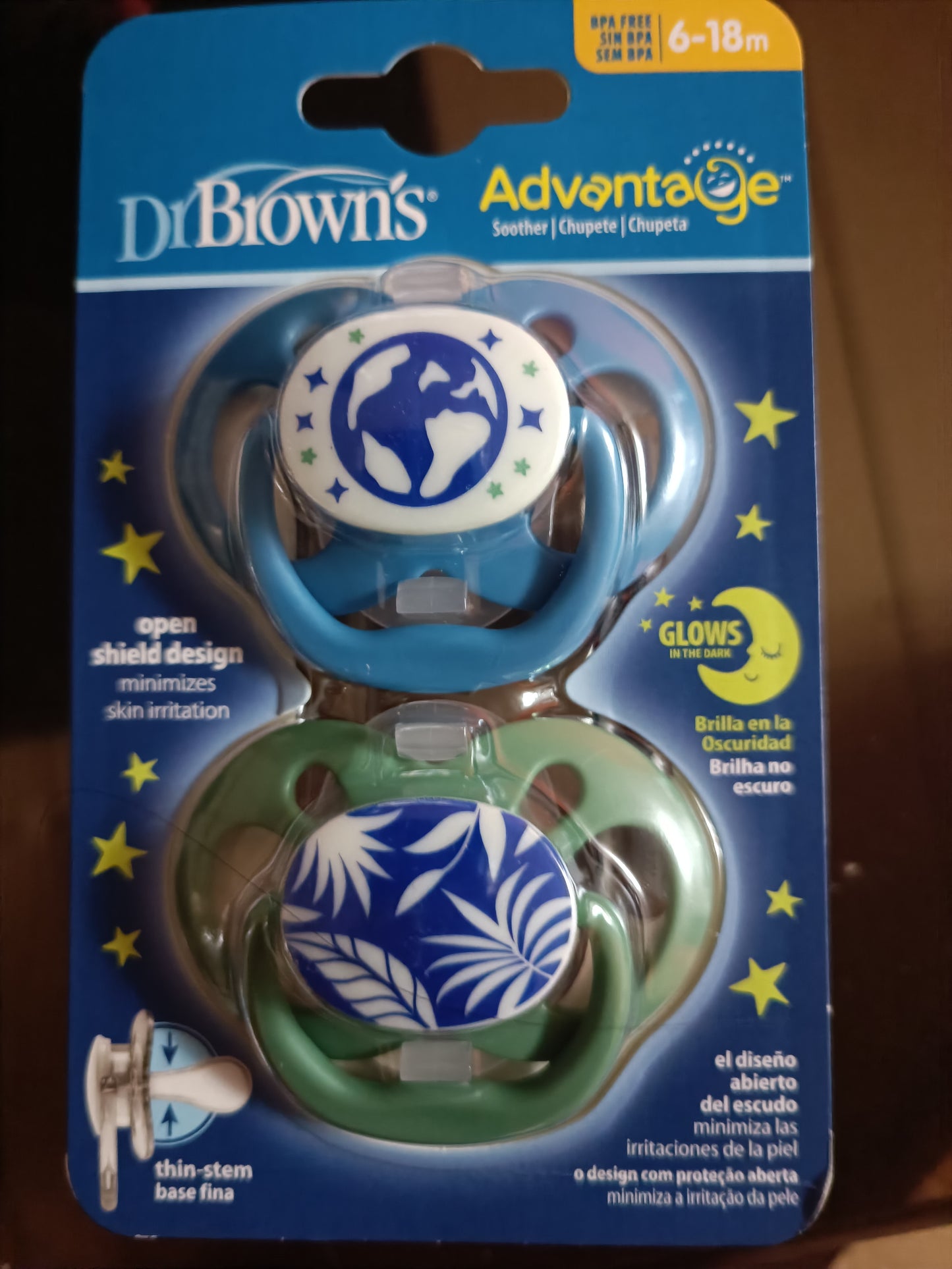 Pack de Chupones x 2 unid. Advantage Azul de 6 a 18 meses que brilla en la oscuridad - Dr. Brown's