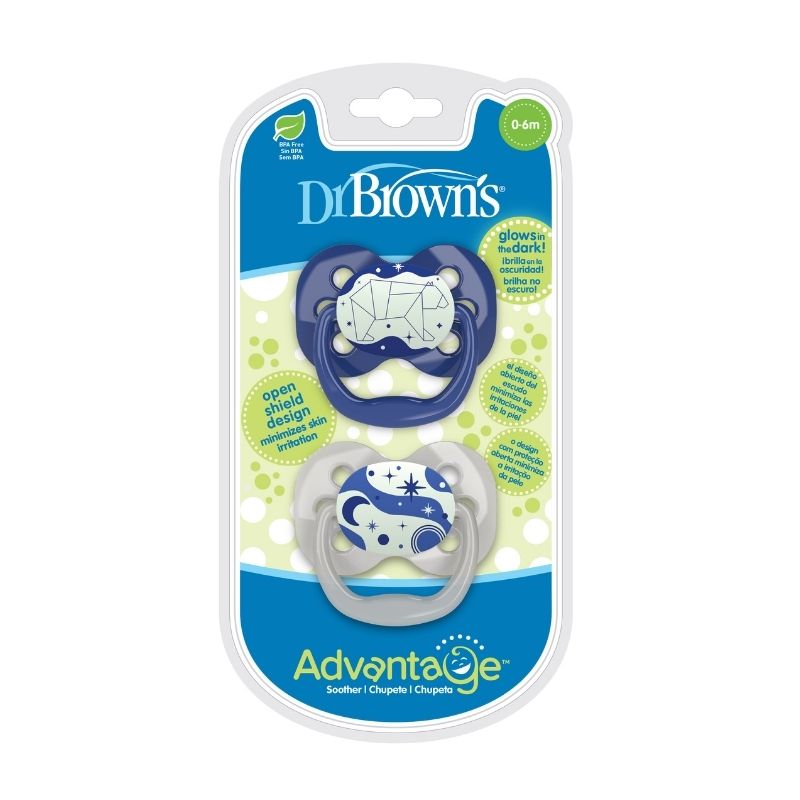 Pack de Chupones x 2 unid. Advantage Azul de 0 a 6 meses que brilla en la oscuridad - Dr. Brown's - Tortuguita Baby Store